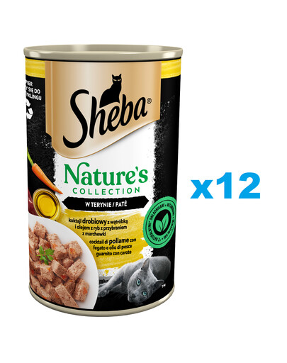SHEBA boîte 12 x 400 g Nature's Collection aliment complet humide pour chats adultes cocktail de volaille avec foie et huile de poisson avec garniture de carottes en terrine