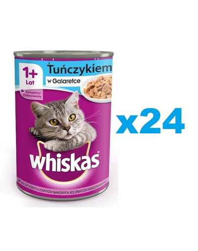 WHISKAS Adult boîte 24x400 g - nourriture complète humide pour chats adultes, morceaux de thon en gelée