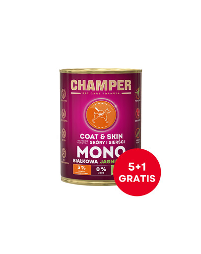 CHAMPER Coat Skin agneau monoprotéiné 6 x 400 g (5+1 GRATUIT)
