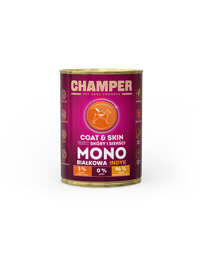 CHAMPER Coat Skin nourriture pour chiens à base de dinde monoprotéine 400 g
