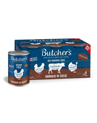 BUTCHER'S Original Recipe in gravy Mélange de saveurs avec légumes 6x400 g morceaux de bœuf, de dinde et de poulet en sauce pour chiens