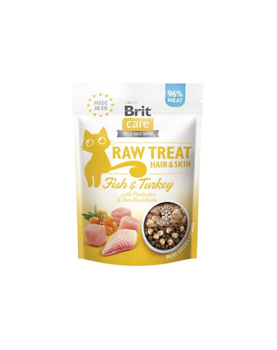 BRIT Care Raw Treat Freeze Dried Hair Skin Cat 40 g Friandise lyophilisée Poisson et dinde avec probiotiques pour chat