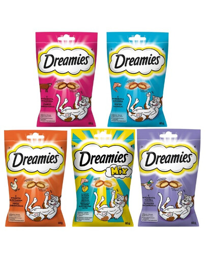 DREAMIES Mélange de saveurs 5x60 g friandises pour chat à la canard, au fromage et au saumon, au poulet, au bœuf et au saumon