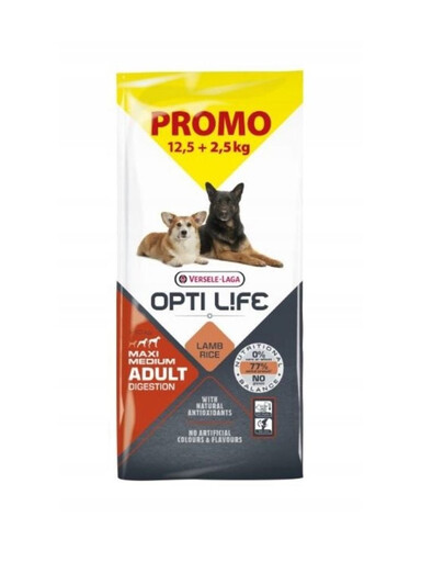 VERSELE-LAGA Opti Life Adult Digestion Medium Maxi Lamb 12,5kg + 2,5kg GRATUIT pour les chiens ayant un système digestif sensible