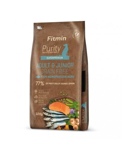 FITMIN Dog Purity Grain Free Adult Junior Fish Menu 12 kg nourriture sans céréales à base de poisson pour jeunes et adultes chiens de races moyennes et grandes