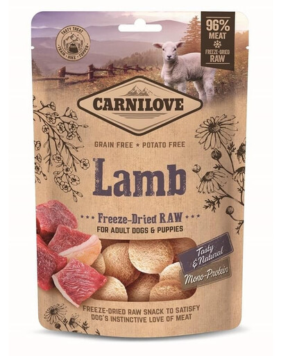 CARNILOVE Raw Freeze-dried Snack Lamb 60g morceaux de viande d'agneau lyophilisés pour chiots et chiens adultes