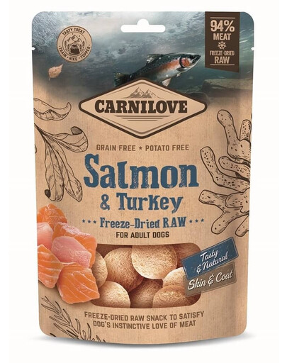 CARNILOVE Raw Freeze-dried Snack Salmon and Turkey 60g morceaux de saumon et de dinde lyophilisés pour chiens adultes