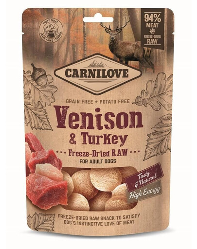 CARNILOVE Raw Freeze-dried Snack Venison and Turkey 60g morceaux lyophilisés de gibier et de dinde pour chiens adultes