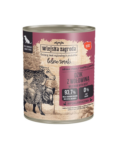 WIEJSKA ZAGRODA Saveurs forestières Sanglier avec boeuf nourriture humide pour chiens 800 g