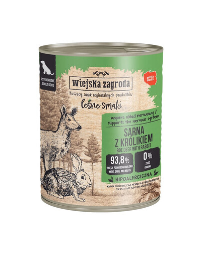 WIEJSKA ZAGRODA Saveurs forestières Chevreuil avec lapin nourriture humide pour chiens 800 g