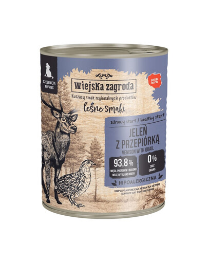 WIEJSKA ZAGRODA Saveurs forestières Cerf avec caille nourriture humide pour chiots 800 g