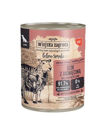 WIEJSKA ZAGRODA Saveurs forestières Sanglier avec agneau nourriture humide pour chiens seniors 800 g
