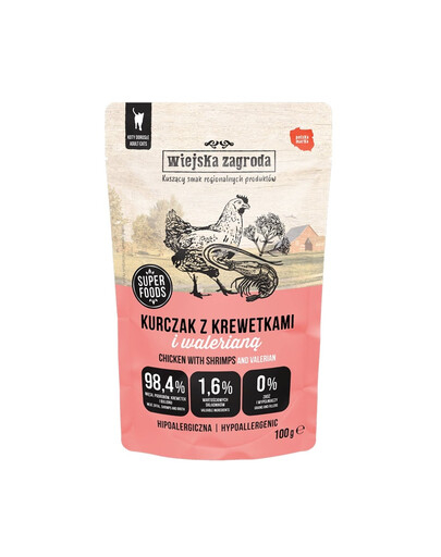 WIEJSKA ZAGRODA Superfoods Poulet aux crevettes et à la valériane nourriture humide pour chat 100 g