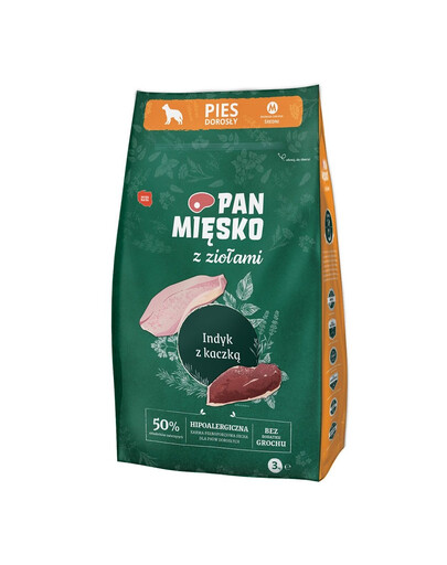 PAN MIĘSKO aux herbes : dinde et canard, format M (2 x 3 kg), pour chiens de taille moyenne