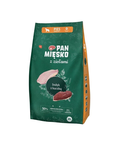 PAN MIĘSKO aux herbes : dinde et canard, format M (2 x 20 kg), pour chiens de taille moyenne