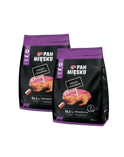 PAN MIĘSKO Veau aux crevettes pour chats croquettes S 2x400 g