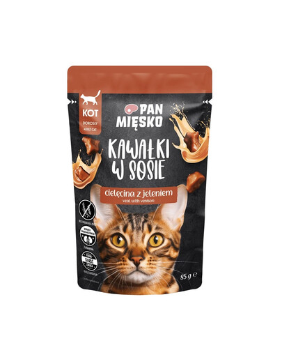 PAN MIĘSKO Morceaux en sauce Veau et chevreuil – nourriture humide pour chats 6 x 85 g