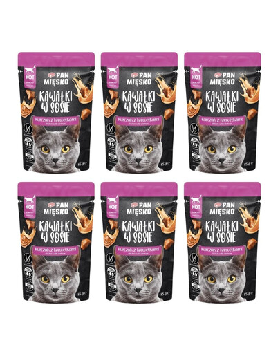 PAN MIĘSKO Morceaux dans une sauce Poulet aux crevettes nourriture humide pour chats 6x85 g