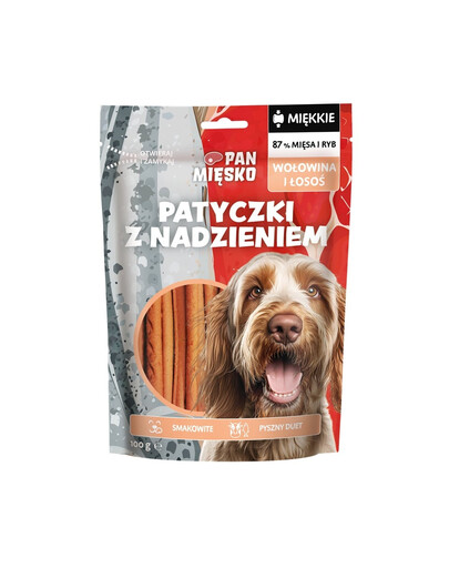 PAN MIĘSKO Bâtonnets fourrés Bœuf et Saumon friandise pour chien 100 g