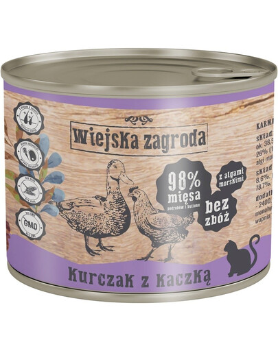 WIEJSKA ZAGRODA Adult Poulet et canard, boîte de 6 x 200 g pour chat