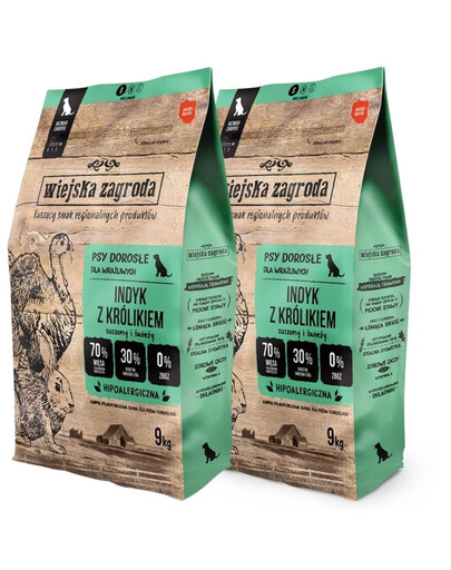 WIEJSKA ZAGRODA Dinde et lapin – croquettes pour chiens S 2 x 9 kg