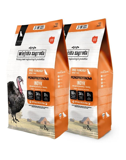WIEJSKA ZAGRODA Monoprotéine Dinde – Croquettes pour chiens S/M 2×2 kg