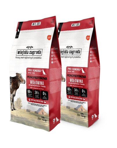 WIEJSKA ZAGRODA Monoprotéine Bœuf – Croquettes pour chiens M/L 2×12 kg