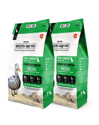WIEJSKA ZAGRODA Monoprotéine Canard – Croquettes pour chiens M/L 2×6 kg