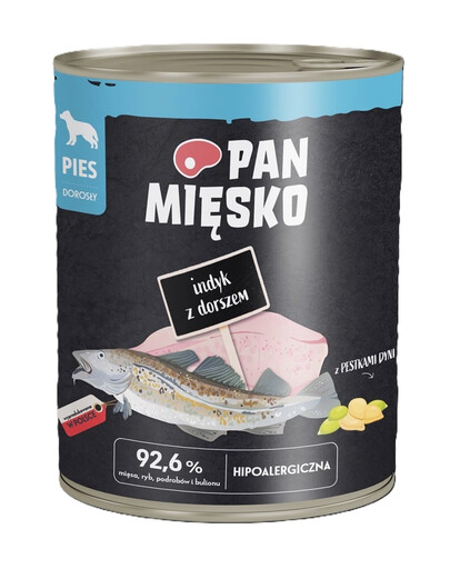 PAN MIĘSKO Dinde avec cabillaud nourriture humide pour chiens 800 g