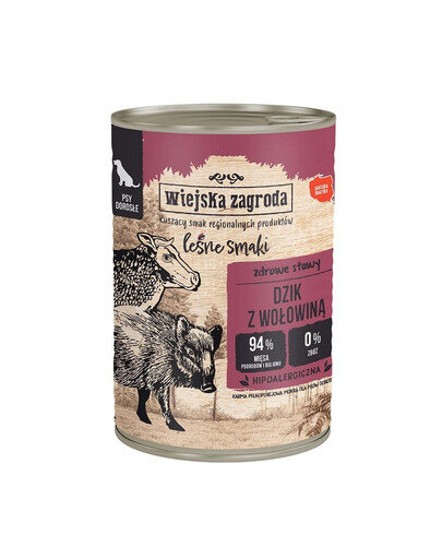WIEJSKA ZAGRODA Saveurs de la forêt Sanglier et bœuf 12 x 400 g, aliments humides pour chiens adultes