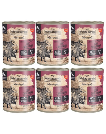 WIEJSKA ZAGRODA Saveurs forestières Sanglier avec boeuf nourriture humide pour chiens 6x800 g
