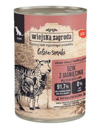 WIEJSKA ZAGRODA Saveurs forestières Sanglier & agneau nourriture humide pour chiens âgés 400 g