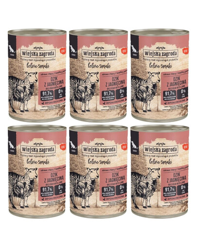 WIEJSKA ZAGRODA Saveurs forestières Sanglier & agneau nourriture humide pour chiens âgés 6×400 g