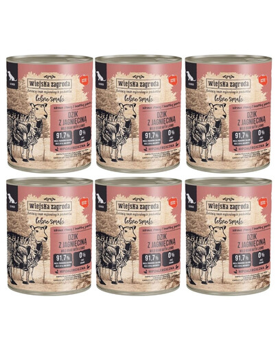 WIEJSKA ZAGRODA Saveurs forestières Sanglier avec agneau nourriture humide pour chiens seniors 6x800 g