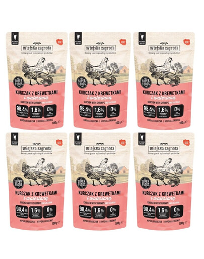 WIEJSKA ZAGRODA Superfoods Poulet aux crevettes et à la valériane nourriture humide pour chat 6x100 g