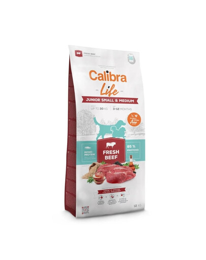 CALIBRA Dog Life Junior Small Medium Fresh Beef 12 kg avec du bœuf pour les jeunes chiens de races petites et moyennes