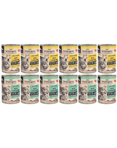 WIEJSKA ZAGRODA Mix saveurs Dinde avec agneau et Dinde avec lapin 12x400 g nourriture humide pour chiens