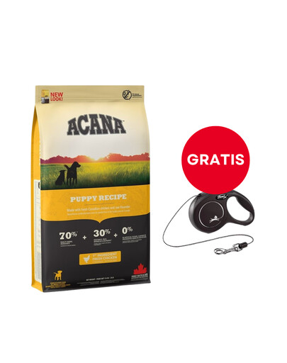 ACANA Puppy Recipe pour chiots et jeunes chiens 11,4 kg + laisse FLEXI automatique New Classic XS, 3 m, noire GRATUITE