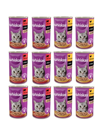 WHISKAS Adult Mix de saveur avec poulet et bœuf en sauce pour chats adultes 12x400 g