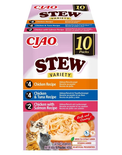 INABA Cat Ciao Stew Creamy Variety mélange de friandises au poulet, thon et saumon dans une sauce crémeuse 10x40g