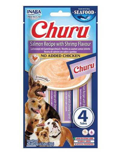 INABA Dog Churu Fish Based Salmon with Shrimp Recipe Friandises crémeuses au saumon et aux crevettes pour chiens 4x14g