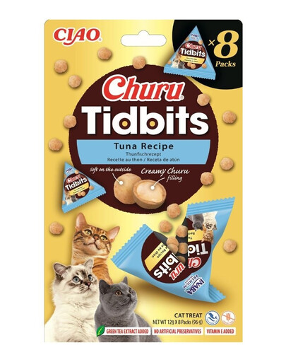 INABA Cat Churu Tidbits Tuna Recipe Friandises molles et crémeuses au thon pour chats 8x12g