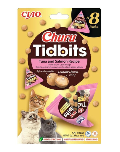 INABA Cat Churu Tidbits Recette Thon et Saumon Friandises molles et crémeuses au thon et au saumon pour chats 8x12g