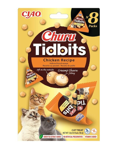 INABA Cat Churu Tidbits Chicken Recipe Friandises douces et crémeuses au poulet et au saumon pour chats 8x12g