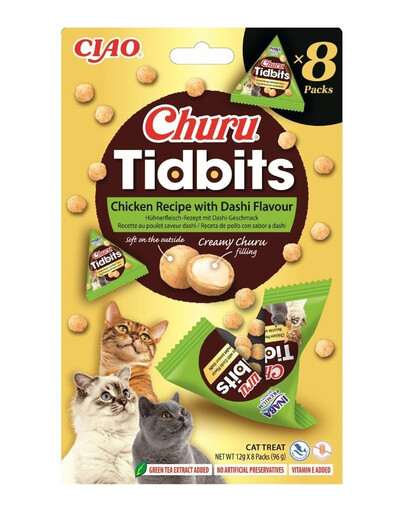 INABA Cat Churu Tidbits Chicken Recipe with Dashi Flavor Des friandises douces et crémeuses au poulet, avec une saveur de bouillon dashi, pour chats 8x12g