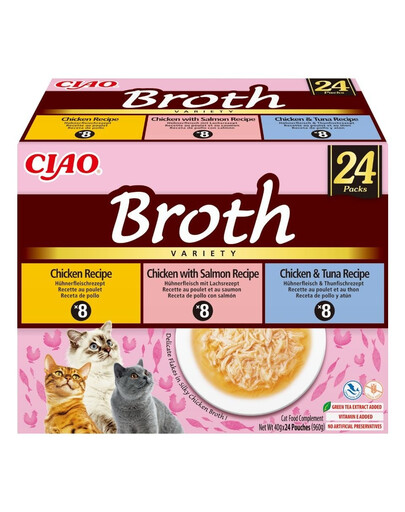 INABA Cat Ciao Broth Variety mélange de bouillon de poulet, saumon et thon 24x40g