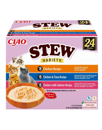 INABA Cat Ciao Stew Creamy Variety mélange de friandises au poulet, thon et saumon dans une sauce crémeuse 24x40g