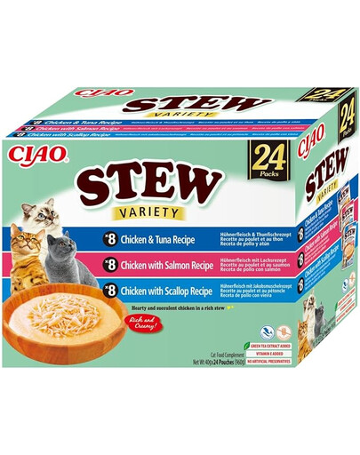 INABA Cat Ciao Stew Creamy Variety mélange de friandises au poulet, poisson et pétoncles dans une sauce crémeuse 24x40g