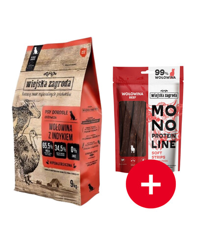 WIEJSKA ZAGRODA Bœuf et dinde croustillants L 9 kg + friandise OFFERTE