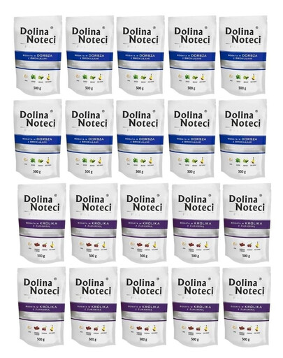 DOLINA NOTECI Premium Mix de saveurs Riche en lapin avec canneberges et morue avec brocolis 20x500 g